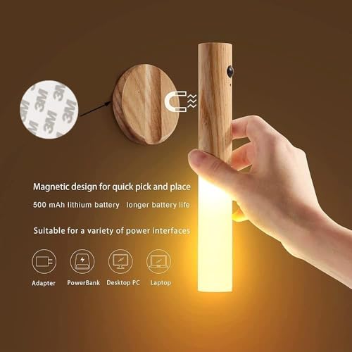 XERGY Magnetic Wall Light with Motion Sensor and USB Rechargeable. Wall Mounted Wood Torch Light Warm White for Indoor Use. Good for Bedside Lamp, Living Room, Hallway, Staircase (Ash)