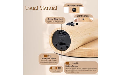 XERGY Magnetic Wall Light with Motion Sensor and USB Rechargeable. Wall Mounted Wood Torch Light Warm White for Indoor Use. Good for Bedside Lamp, Living Room, Hallway, Staircase (Ash)