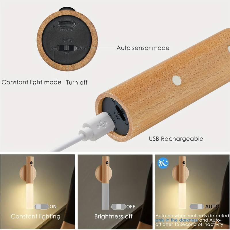 XERGY Magnetic Wall Light with Motion Sensor and USB Rechargeable. Wall Mounted Wood Torch Light Warm White for Indoor Use. Good for Bedside Lamp, Living Room, Hallway, Staircase (Ash)