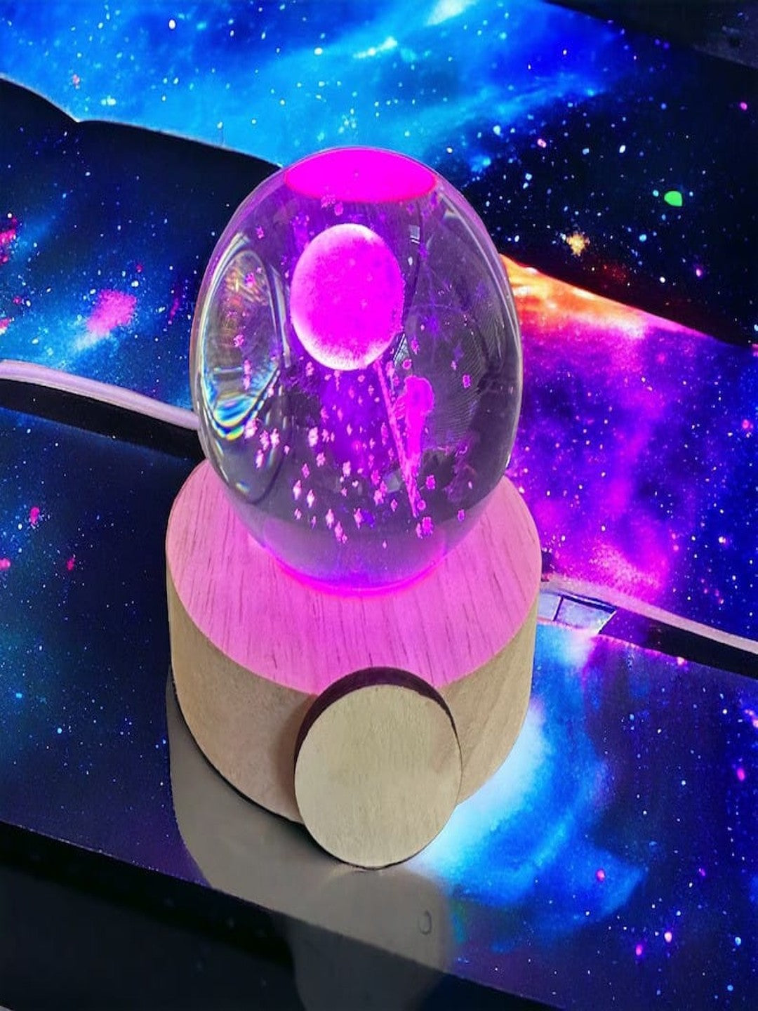 XERGY 3D Galaxy Crystal Ball Night Light, LED Solar System Crystal Ball Night Light with Wooden Base (Moon Climb)