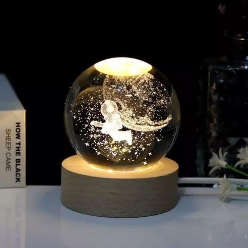 XERGY 3D Astronautplanet Crystal Ball Night Light, LED Solar System Crystal Ball Night Light with Wooden Base