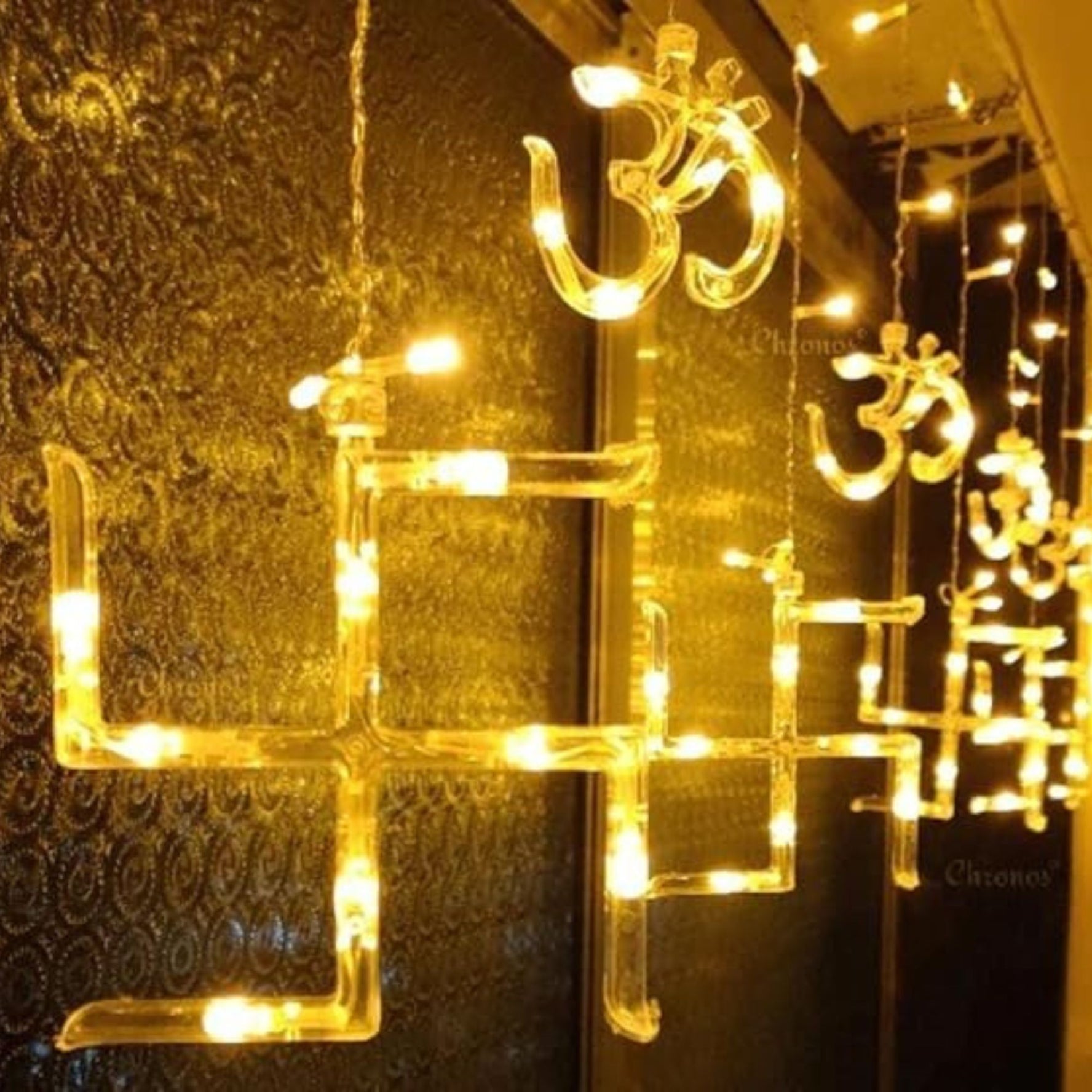 6 Swastik,6 Om LED Curtain String Lights - 2 Mtr ( Warm White )