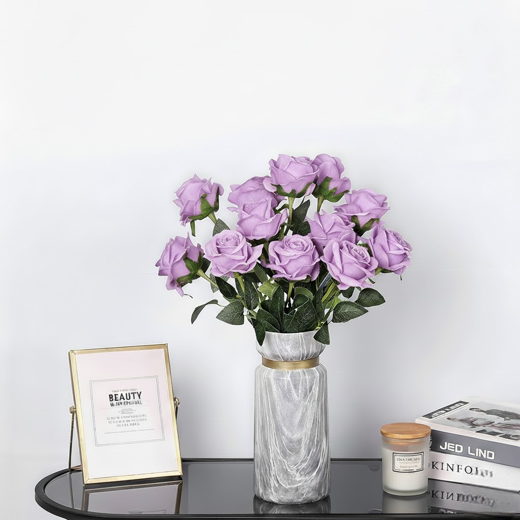 Artificial Faux Silk Rose Flower - Purple & Pink (10 inch, Pack of 12 Flower Bunch)