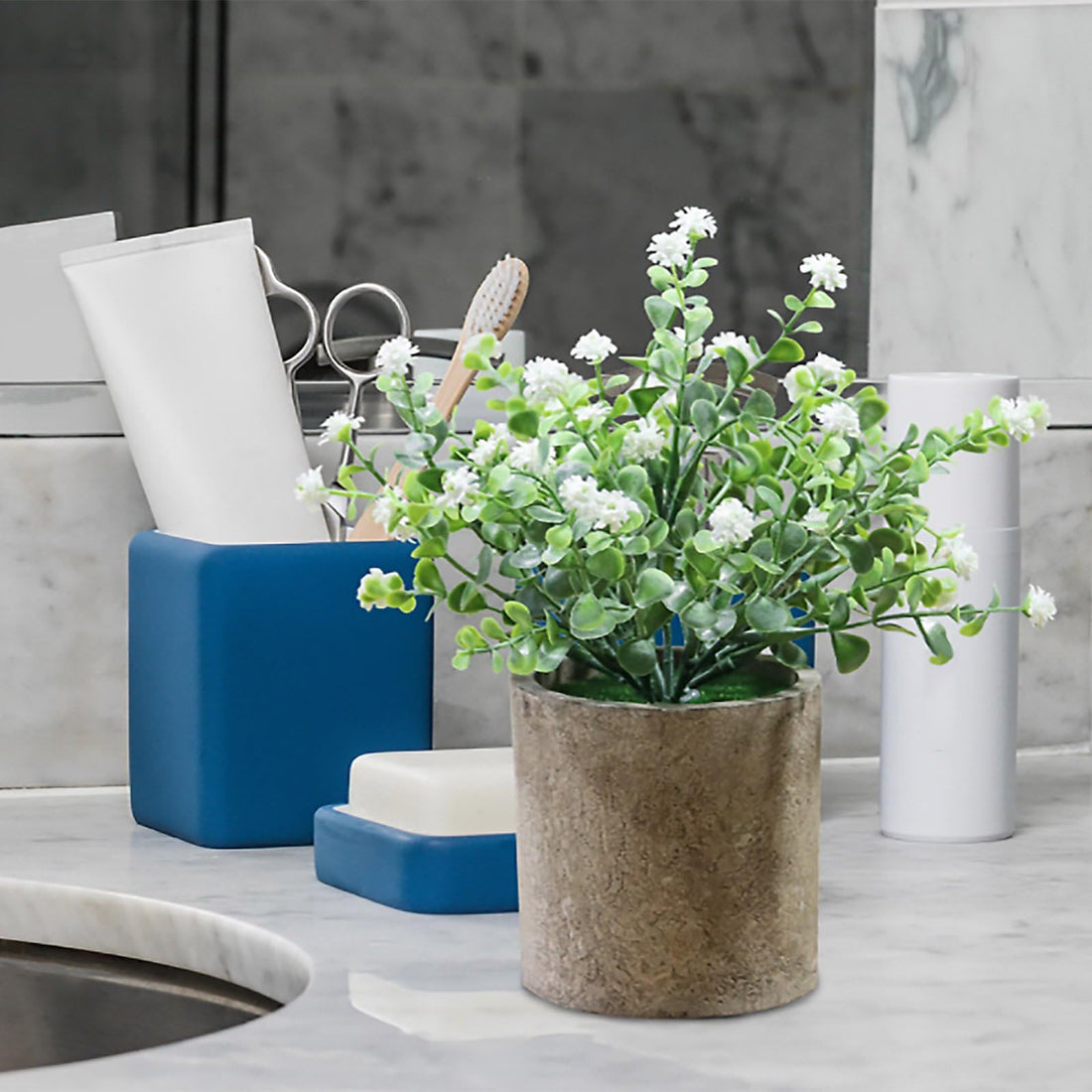 Artificial BB Breath Flower With Stonepot - White