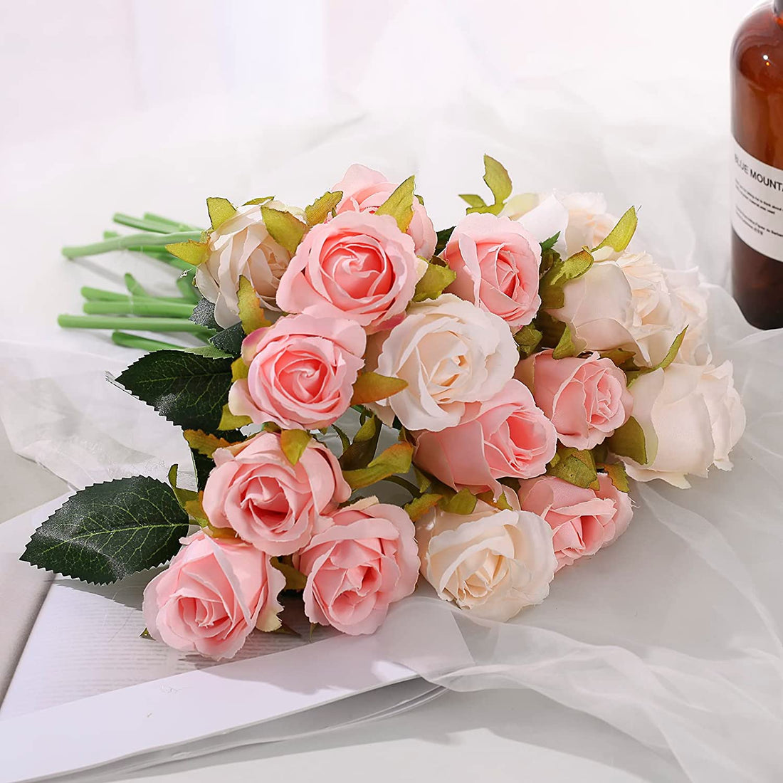 Artificial Faux Silk Rose Flower - Pink, Craem & White (10.6 inch, Pack of 12 Flower Bunch)