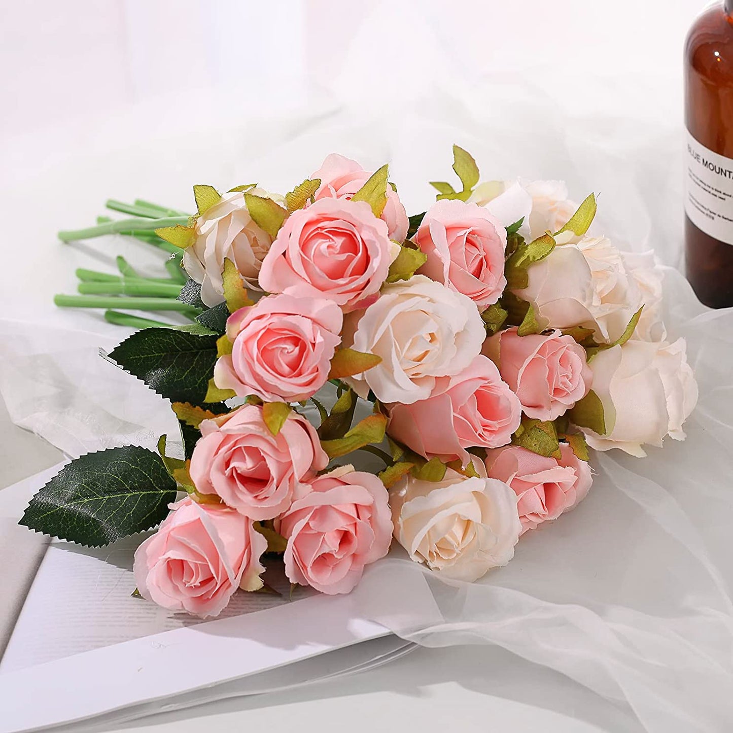 HomeXO 12 Pcs Rose Flowers Artificial Faux Silk Roses Height 10.6" Pink Cream White Color ,12 pcs  Leaves and Stems Real Looking Roses for Vases DIY Bouquets  (Pink,Cream White)