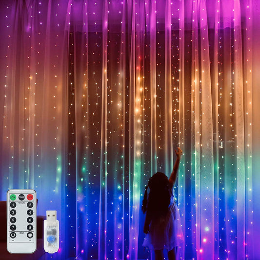 XERGY Window Curtain String Light 280 LED 8 Lighting Modes Fairy Lights Remote Control USB Powered Waterproof Lights for Diwali Valentines Bedroom Party Wedding Home Wall Decorations (Rainbow)