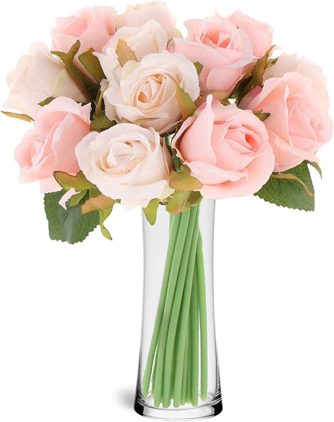 HomeXO 12 Pcs Rose Flowers Artificial Faux Silk Roses Height 10.6" Pink Cream White Color ,12 pcs  Leaves and Stems Real Looking Roses for Vases DIY Bouquets  (Pink,Cream White)