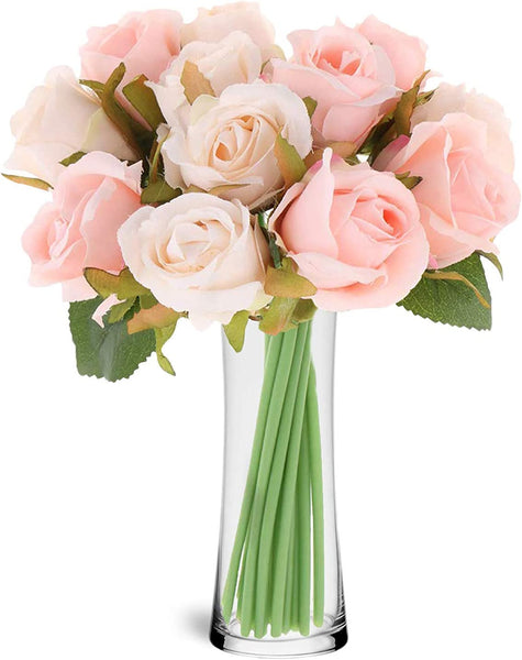 Xergy 12 Pcs Rose Flowers Artificial Faux Silk Roses Height 10.6" Pink Cream White Color ,12 pcs  Leaves and Stems Real Looking Roses for Vases DIY Bouquets  (Pink,Cream White)