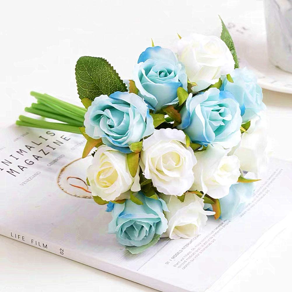 HomeXo 12 Pcs Rose Flowers Artificial Faux Silk Roses Height 10.6" Blue and White  Color ,12 pcs  Leaves and Stems Real Looking Roses for Vases DIY Bouquets (Blue,White)