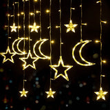 XERGY 123 LED Moon+ Star Curtain Lights, Window Curtain String Light Moon Star Fairy String Lights for Wedding Party Home Garden Bedroom Outdoor Indoor Wall Decorations (Warm White)