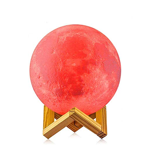 3D Printed Touch Control Moon Lamp With Wooden Stand - 15 cm (Red)