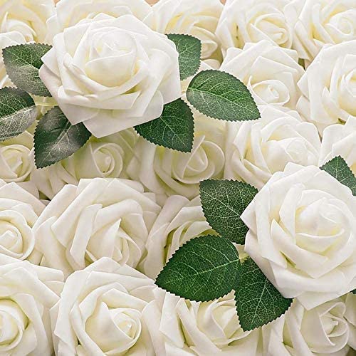 HomeXO Roses Artificial Flowers White Bouquets Box Set for DIY Bridal Wedding Decorations Fake Floral Arrangements for Party Table Centerpieces Home Decor Indoor Outdoor (White 25Pcs)