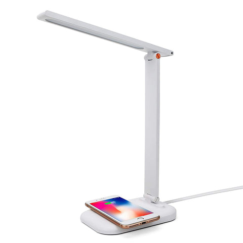 LED Table Lamp with Wireless Charger - USB Charging Port, Dimmable Eye-Caring Desk Light with 3 Brightness Levels & 3  Modes, Touch Control, (White)