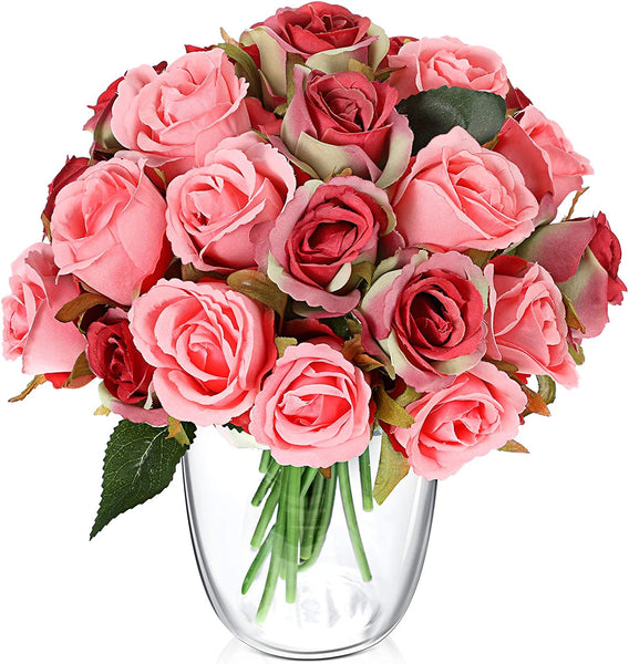 Xergy 12 Pcs Rose Flowers Artificial Faux Silk Roses Height 10.6" Red Peach Pink Color ,12 pcs Leaves and Stems Real Looking Roses for Vases DIY Bouquets (Peach Pink and Red)