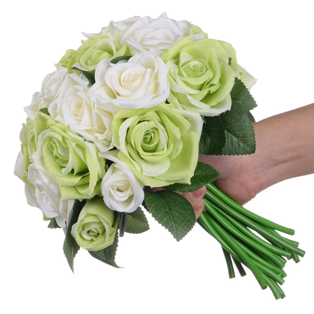 Artificial Faux Silk Rose Flower- White & Green  (10.6 inch, Pack of 12pc Flower Bunch)