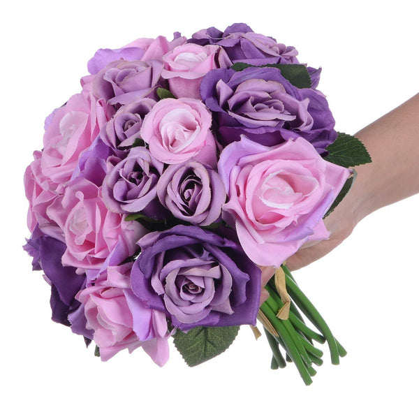 Xergy 12 Pcs Rose Flowers Artificial Faux Silk Roses Height 10.6" Purple Pink Color ,12 pcs  Leaves and Stems Real Looking Roses for Vases DIY Bouquets for Wedding Bridal (Purple,Pink)