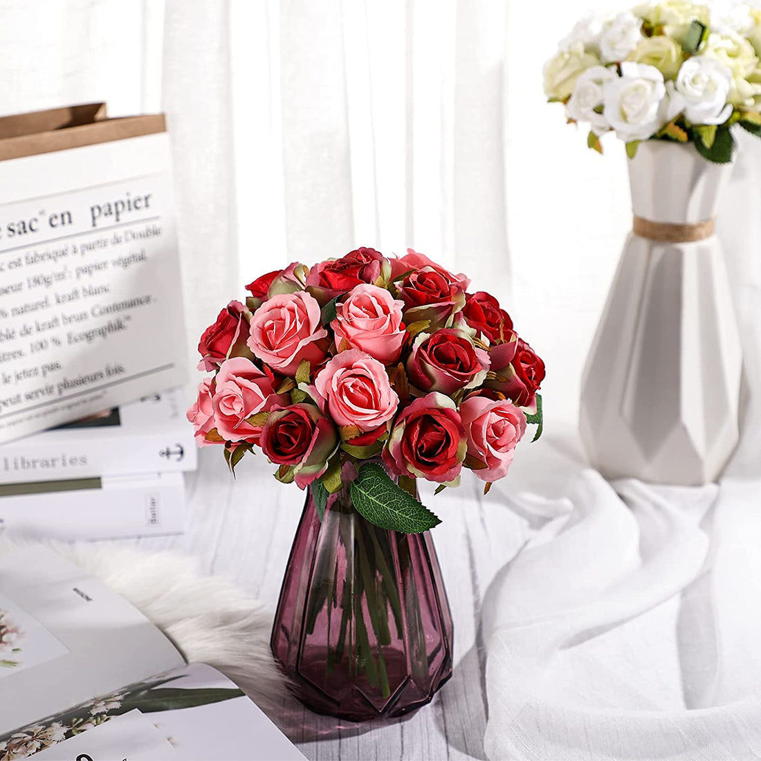 Artificial Faux Silk Rose Flower - Peach Pink and Red (  (10 inch, Pack of 12 Flower Bunch)