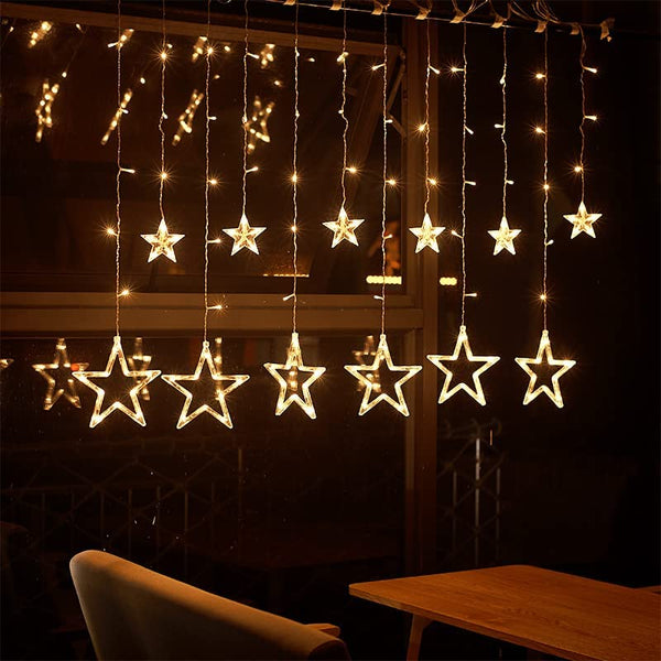 XERGY Star Curtain Lights, 12 Stars 138 LED String Lights, Window Curtain LED Lights for Bedroom with 8 Flashing Modes for Christmas, Wedding, Party Decorations (Warm White)
