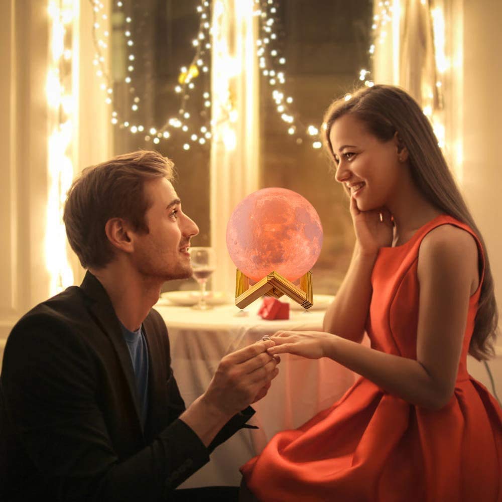 3D Printed Touch Control Moon Lamp With Wooden Stand - 15 cm (Red)