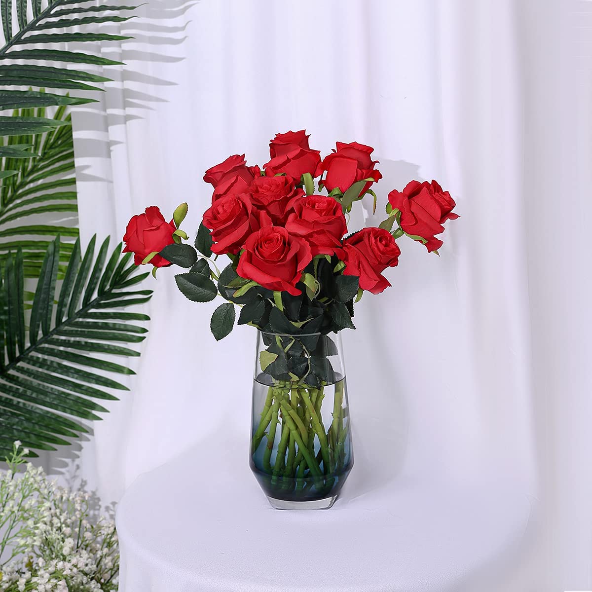 HomeXO 12 Pcs Rose Flowers Artificial Faux Silk Roses Height 10.6" Red Color ,12 pcs  Leaves and Stems Real Looking Roses Fake Rose for Vases DIY Bouquets for Wedding Bridal Shower Centerpieces (Red)