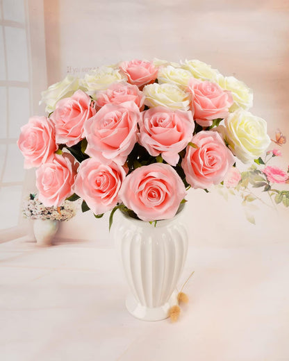 HomeXO 12 Pcs Rose Flowers Artificial Faux Silk Roses Height 10.6" Pink Cream White Color ,12 pcs  Leaves and Stems Real Looking Roses for Vases DIY Bouquets  (Pink,Cream White)