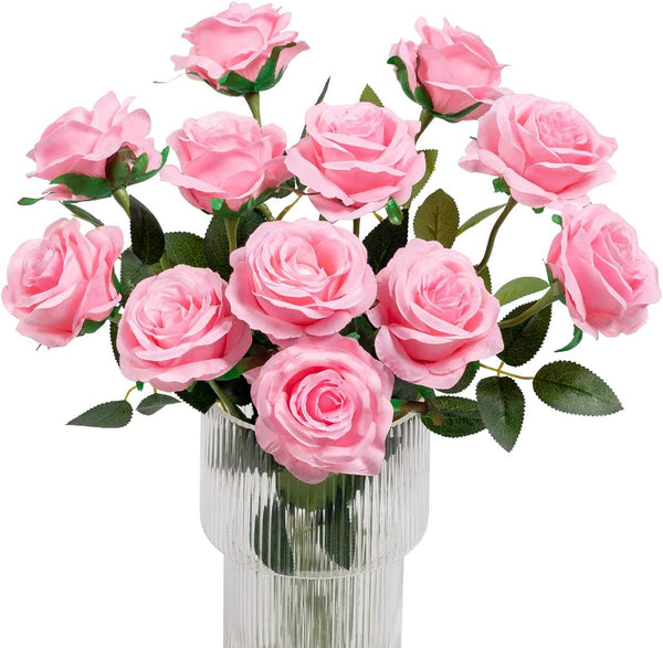 Xergy 12 Pcs Rose Flowers Artificial Faux Silk Roses Height 10.6" Pink Color ,12 pcs  Leaves and Stems Real Looking Roses Fake Rose for Vases DIY Bouquets  (Pink)