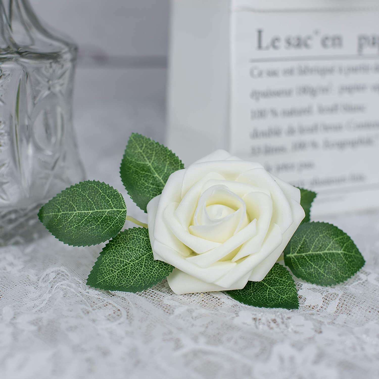 Artificial Rose Flowers Bouquets Box Set (White, 25Pcs)