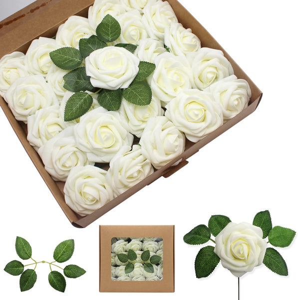 Xergy Roses Artificial Flowers White Bouquets Box Set for DIY Bridal Wedding Decorations Fake Floral Arrangements for Party Table Centerpieces Home Decor Indoor Outdoor (White 25Pcs)
