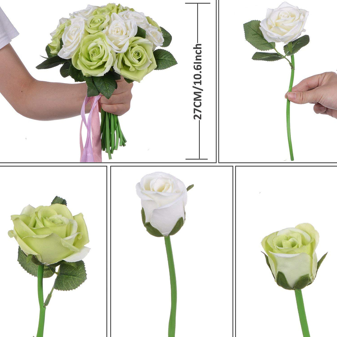 Artificial Faux Silk Rose Flower- White & Green  (10.6 inch, Pack of 12pc Flower Bunch)