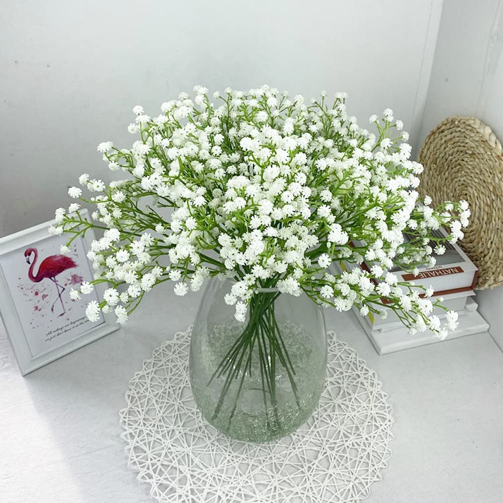 HomeXO Artificial Baby Breath 5 Pcs White color Real Touch Flowers Height 20" for Vases Bouquets Indoor Outdoor Home Kitchen Office Table Centerpieces Arrangement Decoration (White 5 Pcs)