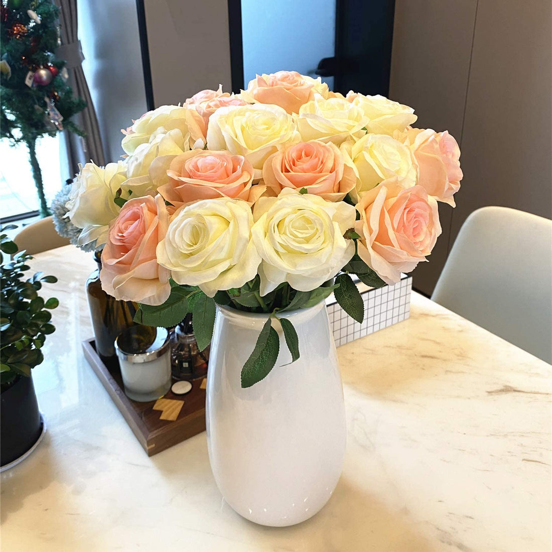 Artificial Faux Silk Rose Flower - Pink, Craem & White (10.6 inch, Pack of 12 Flower Bunch)
