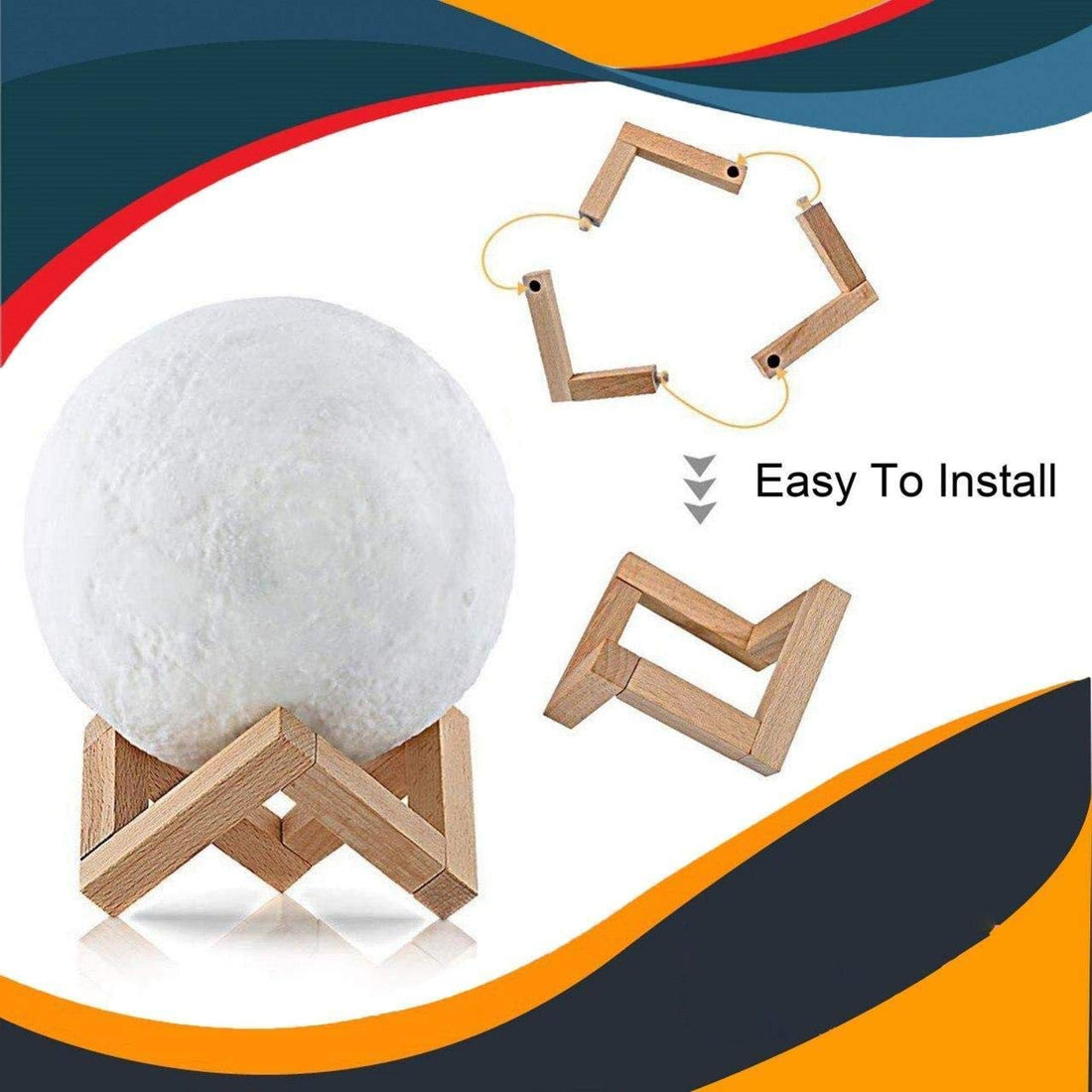 3D Printed Touch Control Moon Lamp With Wooden Stand - 15 cm (Red)