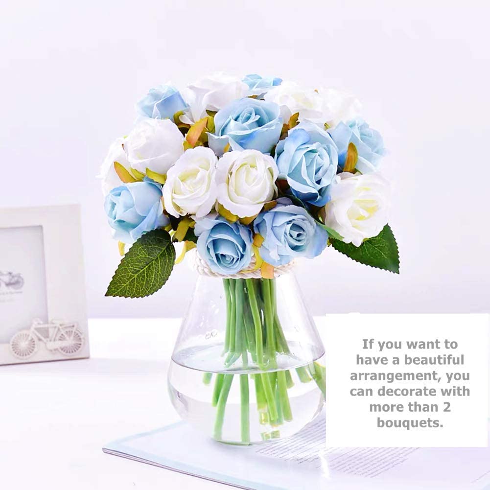 HomeXo 12 Pcs Rose Flowers Artificial Faux Silk Roses Height 10.6" Blue and White  Color ,12 pcs  Leaves and Stems Real Looking Roses for Vases DIY Bouquets (Blue,White)