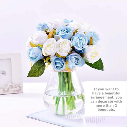 HomeXo 12 Pcs Rose Flowers Artificial Faux Silk Roses Height 10.6" Blue and White  Color ,12 pcs  Leaves and Stems Real Looking Roses for Vases DIY Bouquets (Blue,White)