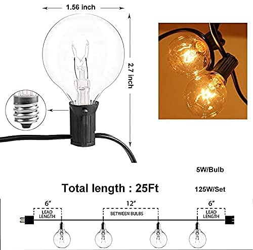 Xergy Outdoor String Lights 25 Feet G40 Globe Patio Lights with 26 Edison Glass Bulbs(1 Spare), Waterproof Connectable Hanging Light