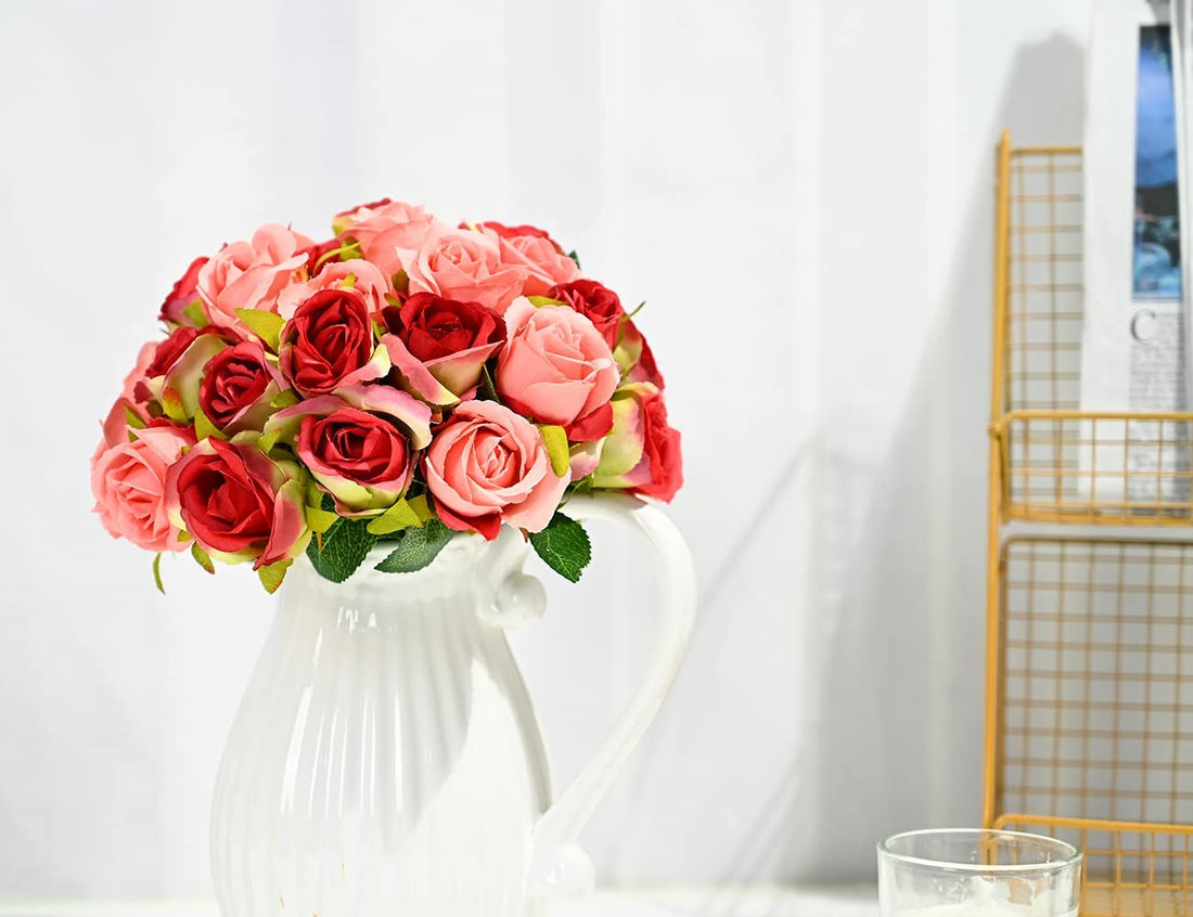 Artificial Faux Silk Rose Flower - Peach Pink and Red (  (10 inch, Pack of 12 Flower Bunch)