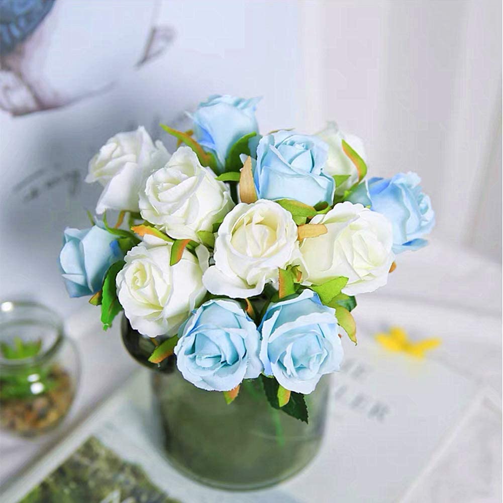 HomeXo 12 Pcs Rose Flowers Artificial Faux Silk Roses Height 10.6" Blue and White  Color ,12 pcs  Leaves and Stems Real Looking Roses for Vases DIY Bouquets (Blue,White)