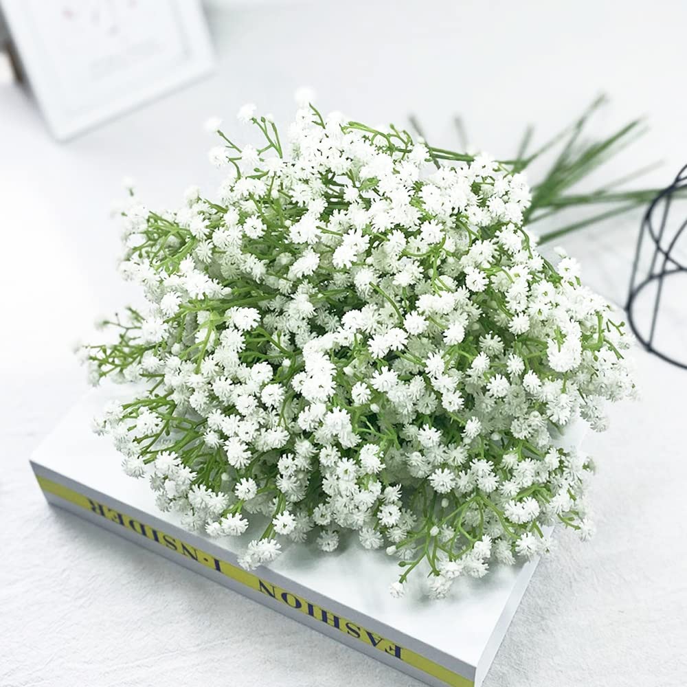 HomeXO Artificial Baby Breath 5 Pcs White color Real Touch Flowers Height 20" for Vases Bouquets Indoor Outdoor Home Kitchen Office Table Centerpieces Arrangement Decoration (White 5 Pcs)