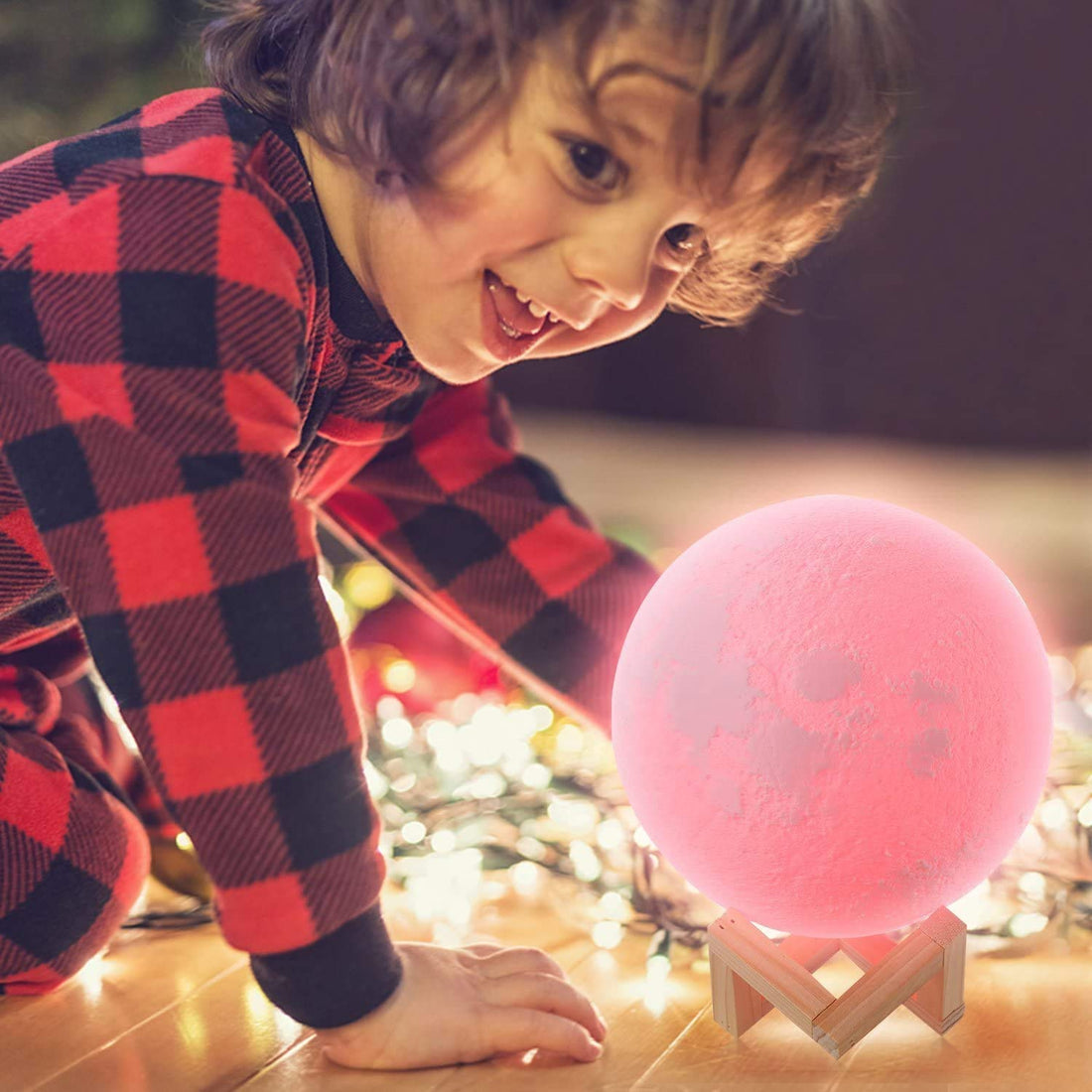 3D Printed Touch Control Moon Lamp With Wooden Stand - 15 cm (Red)