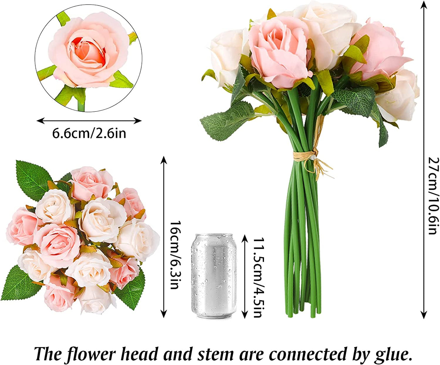 HomeXO 12 Pcs Rose Flowers Artificial Faux Silk Roses Height 10.6" Pink Cream White Color ,12 pcs  Leaves and Stems Real Looking Roses for Vases DIY Bouquets  (Pink,Cream White)