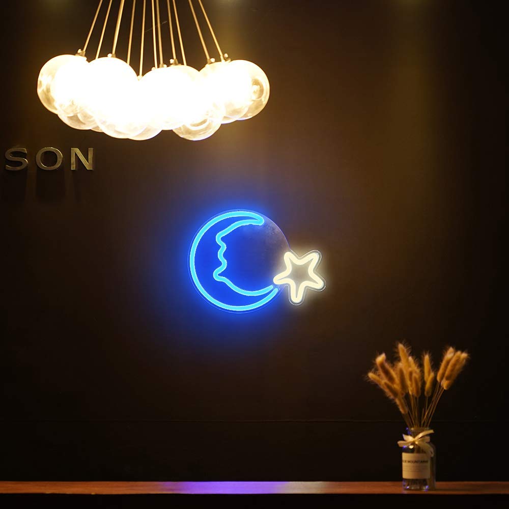 Moon Star Shaped Neon Wall Light - ( Blue & White )