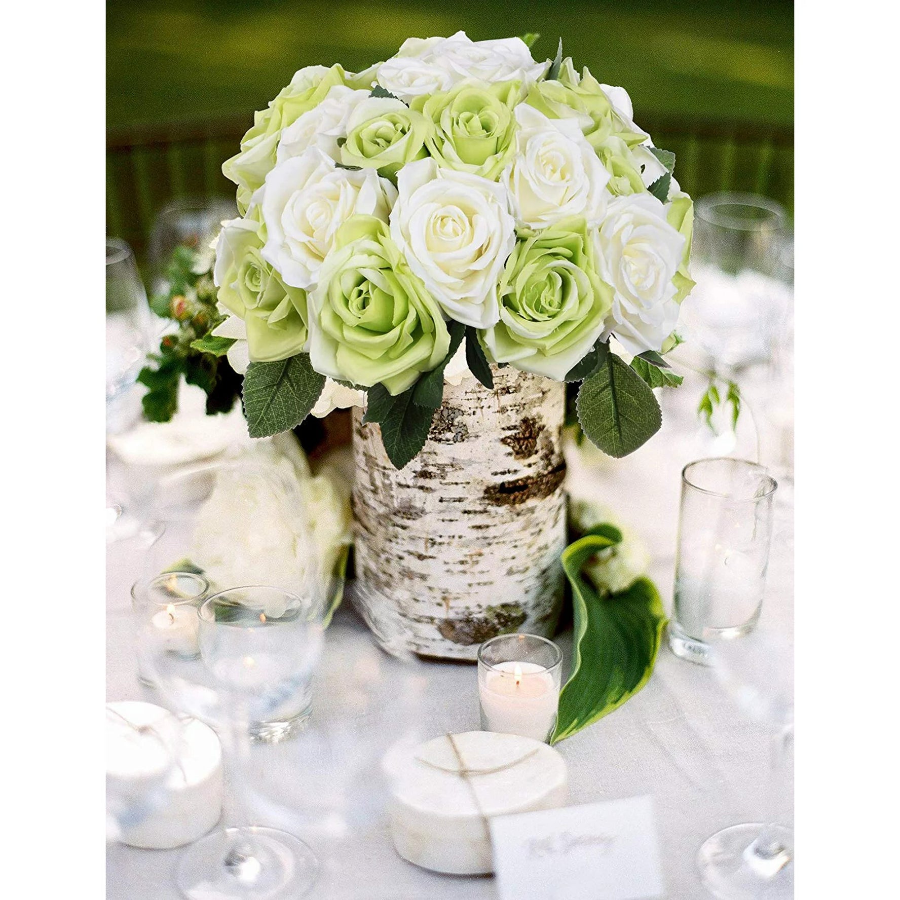 Artificial Faux Silk Rose Flower- White & Green  (10.6 inch, Pack of 12pc Flower Bunch)
