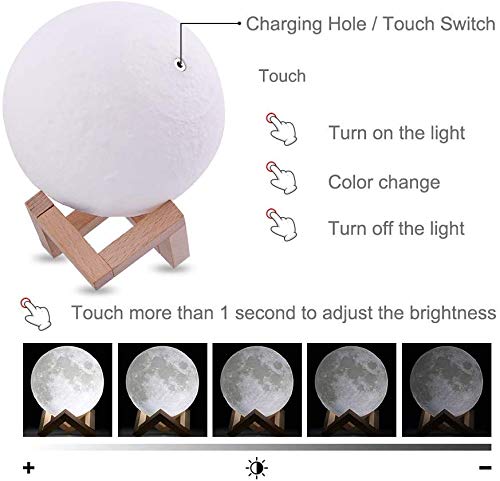 3D Printed Touch Control Moon Lamp With Wooden Stand - 15 cm (Red)