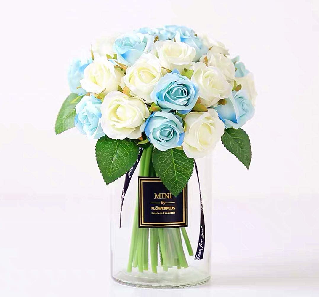 Artificial Faux Silk Rose Flower (Blue & White) (10.6 inch, Pack of 12 Flower Bunch)
