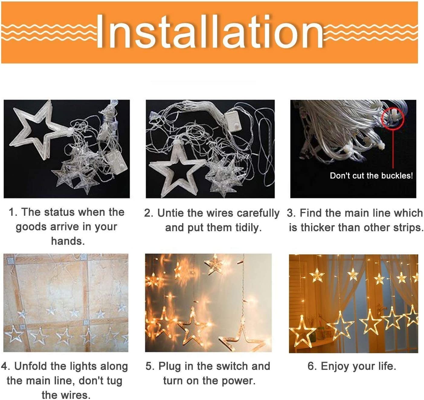 XERGY Star Curtain Lights, 12 Stars 138 LED String Lights, Window Curtain LED Lights for Bedroom with 8 Flashing Modes for Christmas, Wedding, Party Decorations (Warm White)