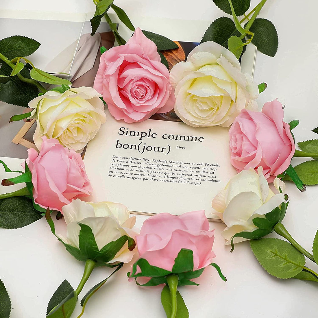 Artificial Faux Silk Rose Flower - Pink, Craem & White (10.6 inch, Pack of 12 Flower Bunch)