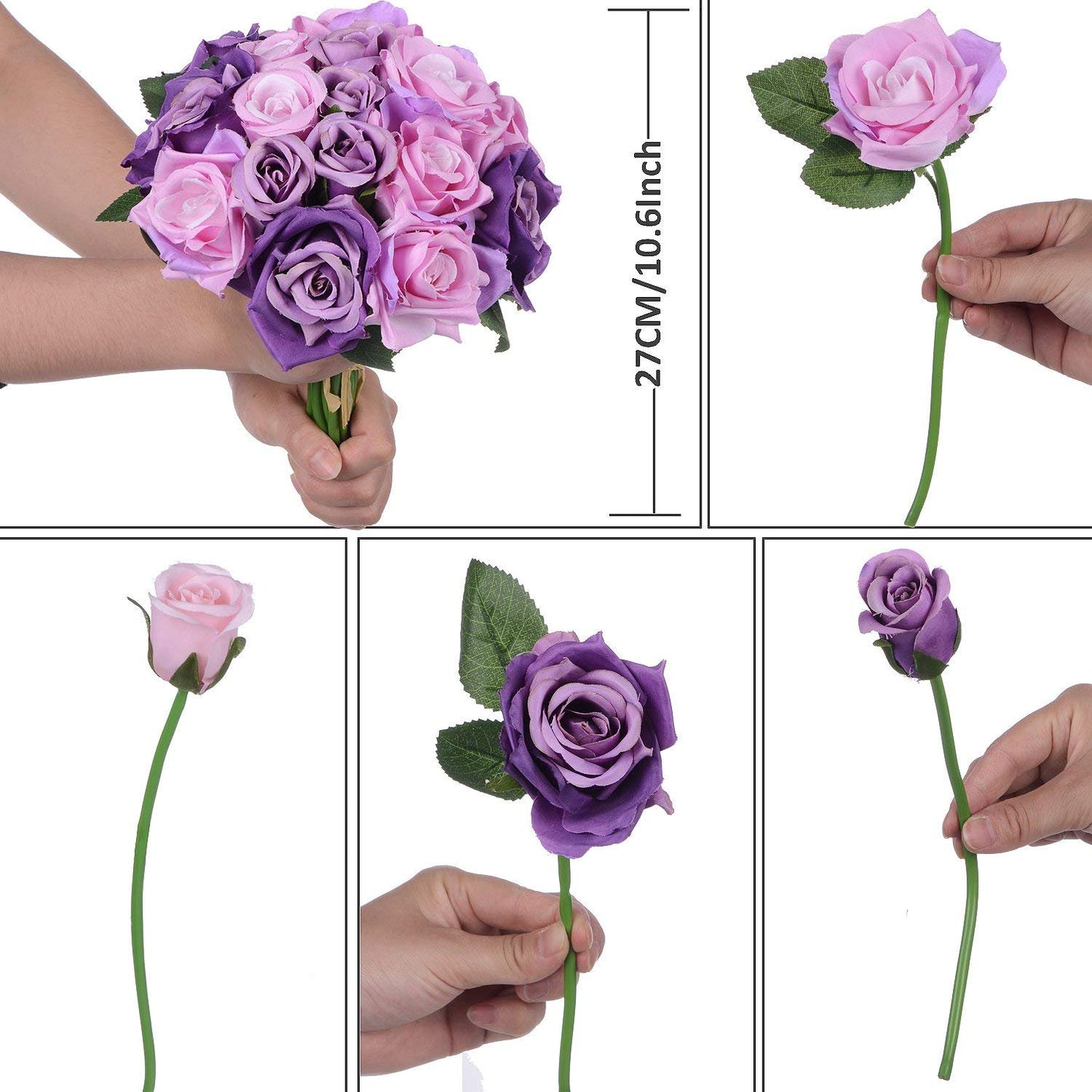 HomeXO 12 Pcs Rose Flowers Artificial Faux Silk Roses Height 10.6" Purple Pink Color ,12 pcs  Leaves and Stems Real Looking Roses for Vases DIY Bouquets for Wedding Bridal (Purple,Pink)