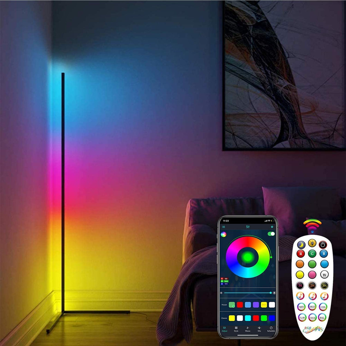 XERGY Smart Corner Lamp, RGB Color Changing Floor Lamp with Remote, Mu ...