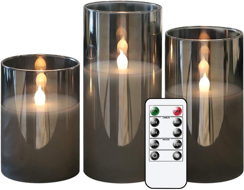 Xergy Glass Battery Operated Flameless Led Candles with 10-Key Remote and Timer, Real Wax Candles Warm White, Home Decoration(Set of 3) (Gray)